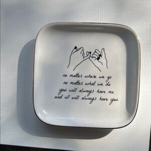 White Ceramic Jewelry Dish with Black Text